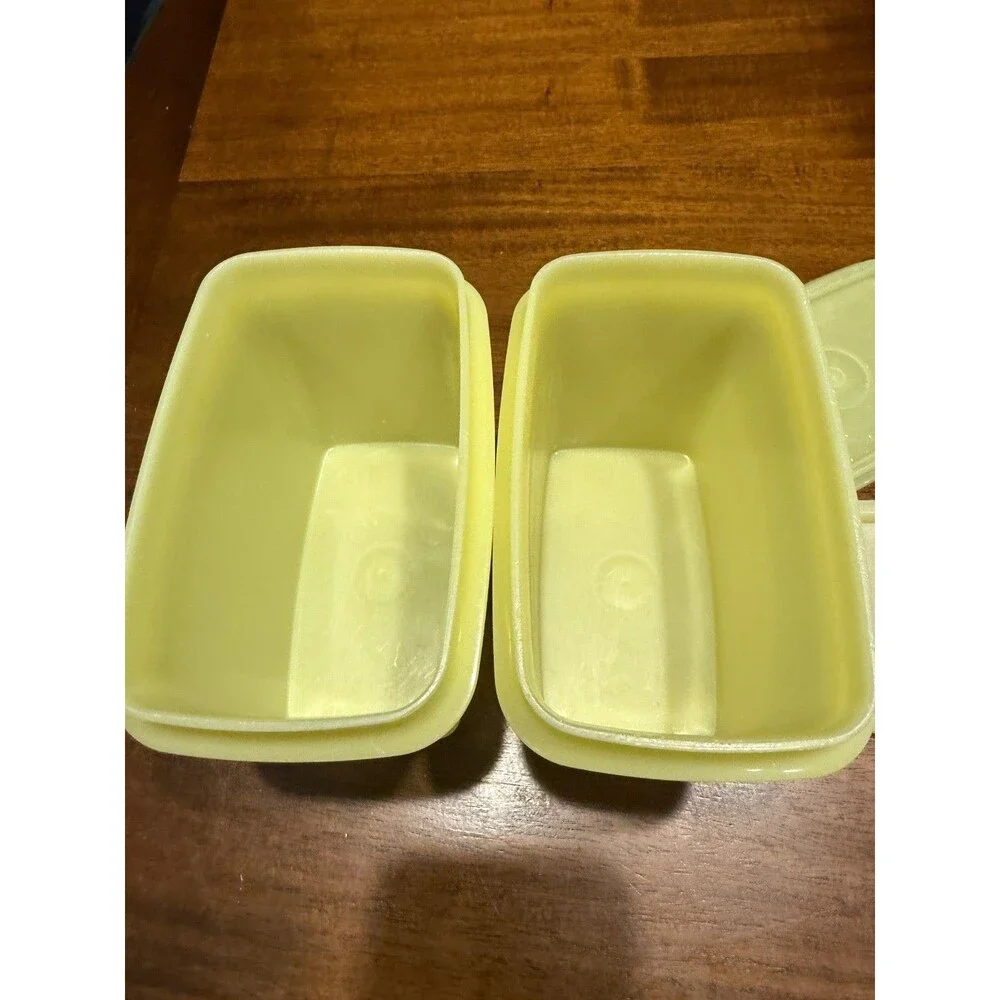 Lot of 2 Tupperware Vintage Shelf Saver Rectangle Small Container Yellow 1243-8.